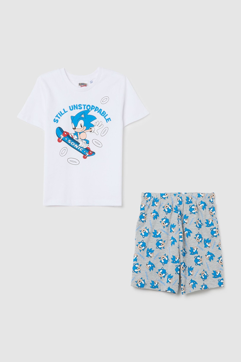 OVS, Pijama cu pantaloni scurti si imprimeu desene animate, Alb, Gri melange, Albastru deschis, 134 CM