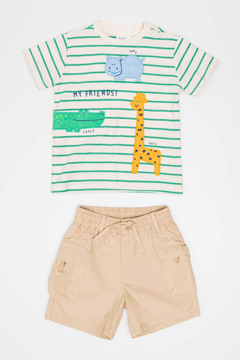 OVS, Set de tricou cu decolteu la baza gatului si pantaloni scurti, Verde, Bej, Alb murdar, 86 CM