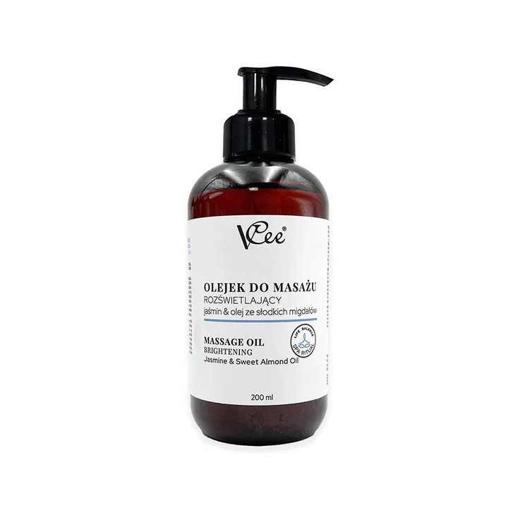 Ulei de masaj VCee, natural, vegan, 200 ml, cu iasomie si ulei de migdale dulci, pentru masaj corporal si relaxare
