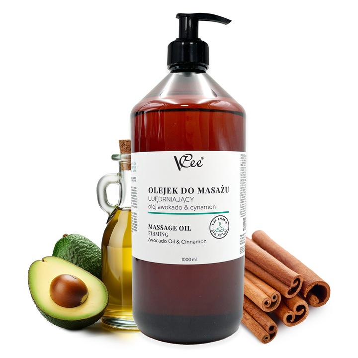 Ulei de masaj VCee, natural, vegan, 1000 ml, cu ulei de avocado si scortisoara, pentru masaj corporal si relaxare