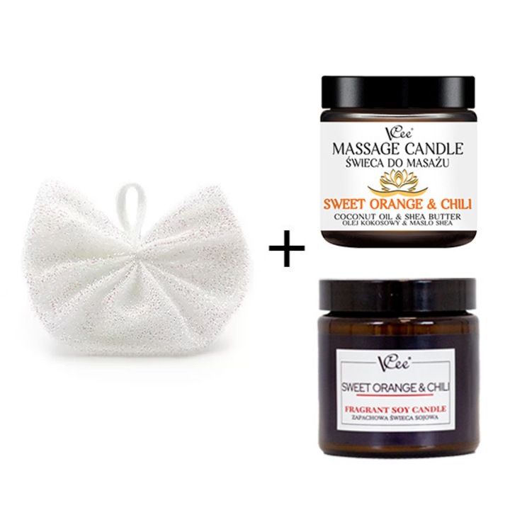 Set de ingrijire a pielii VCee - lumanare parfumata portocala dulce & chili, lumanare de masaj, burete exfoliant pentru corp