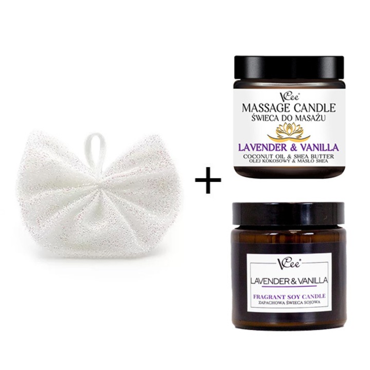 Set VCee - lumanare parfumata cu levantica si vanilie si lumanare de masaj cu spalare corporala exfolianta