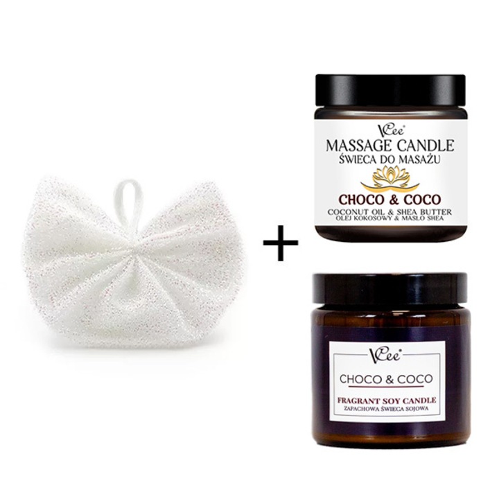Set VCee - lumanare parfumata Choco & Coco si lumanare de masaj cu spalare corporala exfolianta
