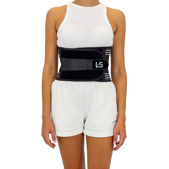 Centura lombara pentru coloana vertebrala Line Sport, culoare neagra, reglabila, usoara si rezistenta, ideala pentru sustinere spate, corectarea posturii, recuperare medicala, sport si activitati zilnice