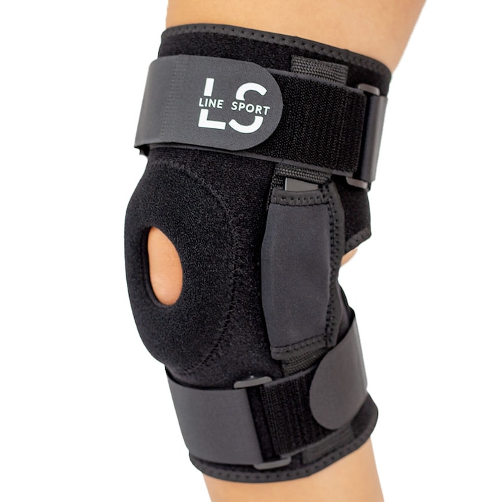 Orteza de genunchi articulata Line Sport, cu atele laterale si balamale pentru suport si stabilitate maxima, ideala in recuperare dupa accidentari (ligamente, menisc), complet reglabila, marime L, culoare Negru