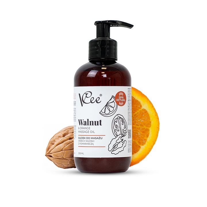 Ulei de masaj VCee, natural, vegan, 200 ml, cu ulei de nuca si portocala, pentru masaj corporal si relaxare