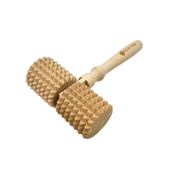 Aparat de masaj corporal din lemn Acus Med rola dubla 16,5 cm, ergonomic, pentru masaj anticelulitic, drenaj limfatic, relaxare spate si picioare, salon, profesional