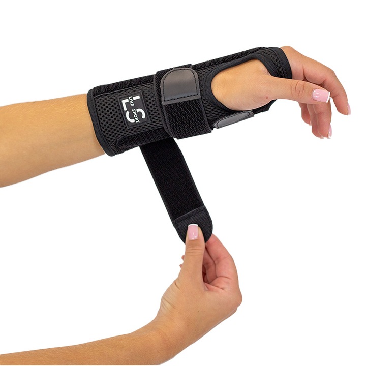 Orteza pentru incheietura mainii Line Sport, culoare neagra, utilizare pe stanga, suport elastic, reglabil, ideala pentru recuperare medicala, protectie, sport, antrenamente si activitati zilnice