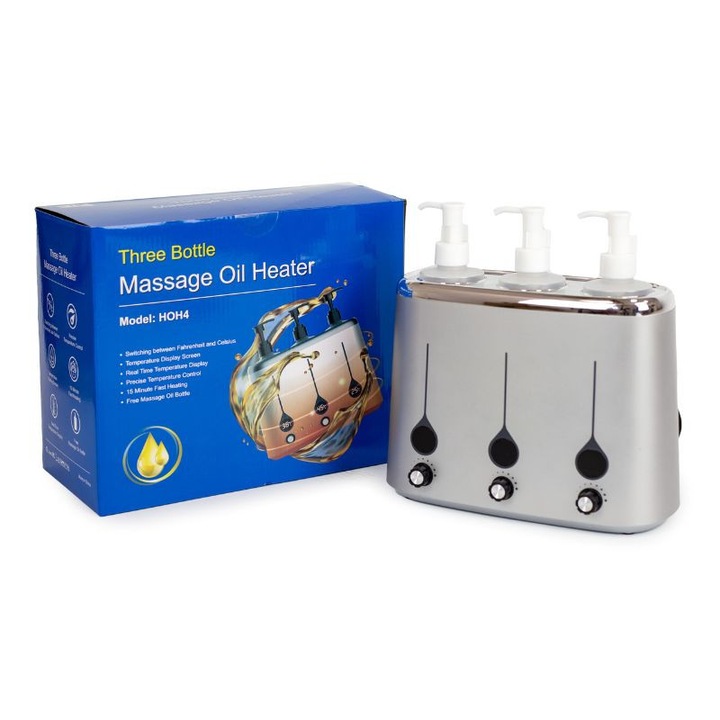 Incalzitor electric de uleiuri Acus Med, set 3 sticle 250 ml, temperatura reglabila 40-60C, design modern, profesional, ideal pentru masaj, spa, aromaterapie, salon cosmetica