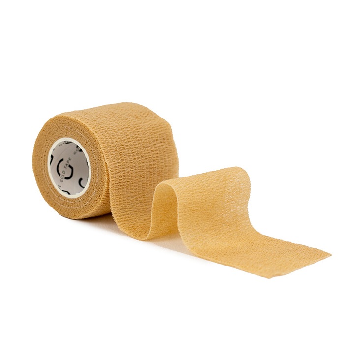 Bandaj autoadeziv Gold Tape, 5 cm x 4,5 m, elastic, fara latex, culoare bej, rezistent si usor de utilizat, ideal pentru fixare, protectie articulatii, sport, entorse, muschi, recuperare, fizioterapie si utilizare profesionala