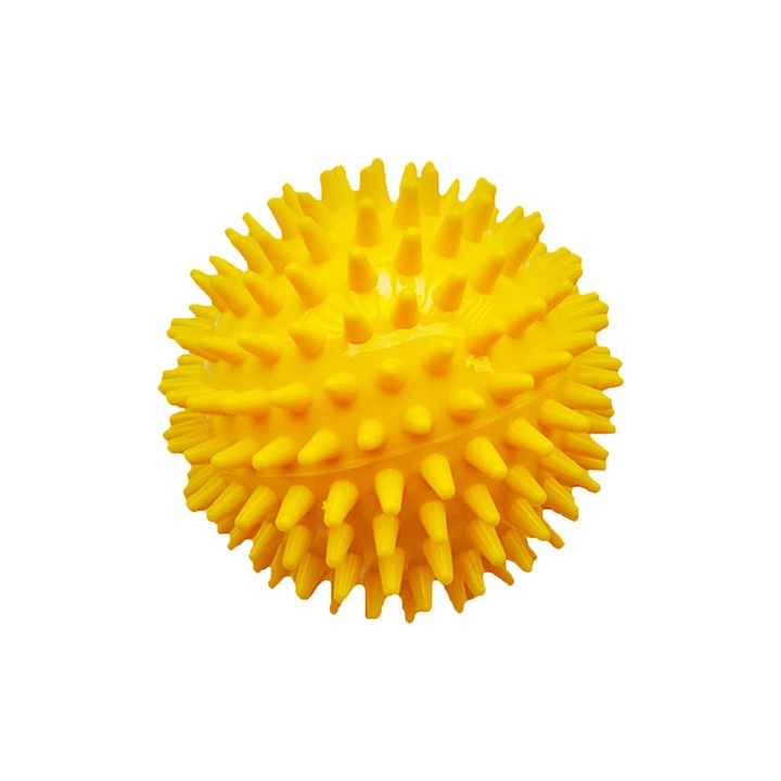 Minge fitness Spiky Ball Line Sport, galben, 8cm, accesoriu masaj si stimulare circulatie, relaxare musculara, exercitii recuperare, fizioterapie, coordonare, utilizare sportiva si acasa