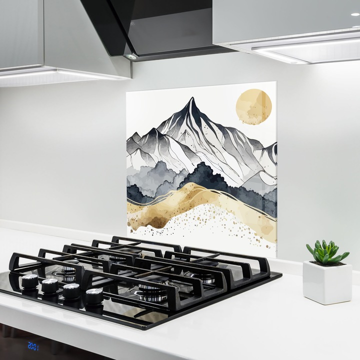 ARTHUB, Konyhai üveg hátfal 60x60 cm, 4 mm edzett, Védő gáz­tűzhely, Fröccsenésgátló, Hőálló, tájképek, hegyek, Grey Gold Mountain