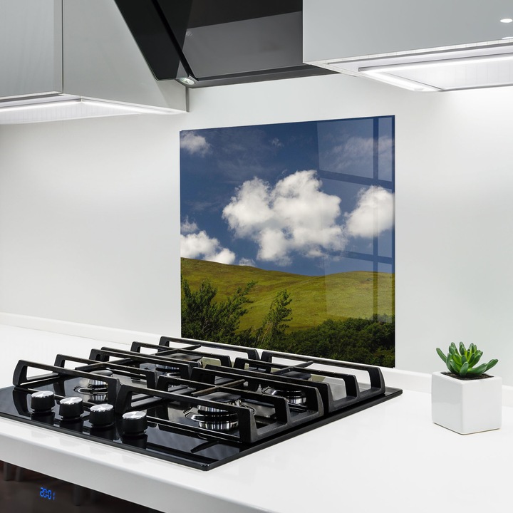 ARTHUB, Стъклен панел за кухня 100x100 cm, 5 мм закалено, Предпазител за газов котлон, Предпазител от пръски, Топлоустойчив, пейзажи, облаци, Grass View Cloud