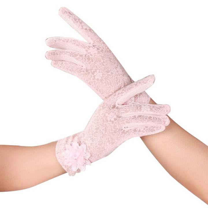 Manusi dama TRADERPLUS, protectie UV, dantela, roz, 22cm, de vara