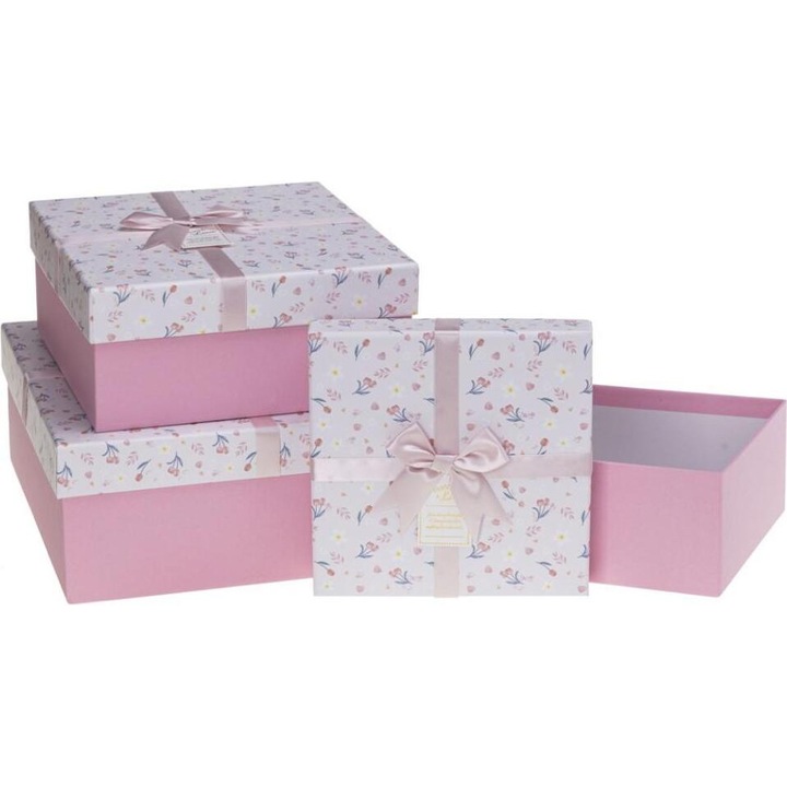 Комплект от 3 подаръчни кутии с панделка, Rozette, розови