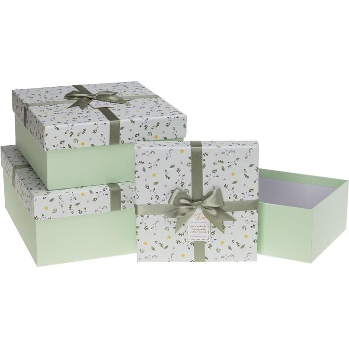 Комплект от 3 подаръчни кутии с панделка, Rozette, зелени
