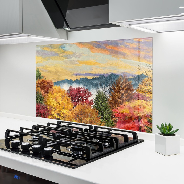 ARTHUB, Konyhai üveg hátfal 80x120 cm, 4 mm edzett, Védő gáz­tűzhely, Fröccsenésgátló, Hőálló, tájképek, erdők, Mix Color Trees