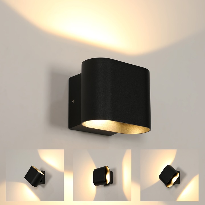 Стенен LED аплик, IP65, Goeco, 14W, Регулируем на 350°, топла светлина, 3000K, алуминий, 12x10x10 см, двупосочно осветление, цилиндричен, за външна и вътрешна употреба, матово черен