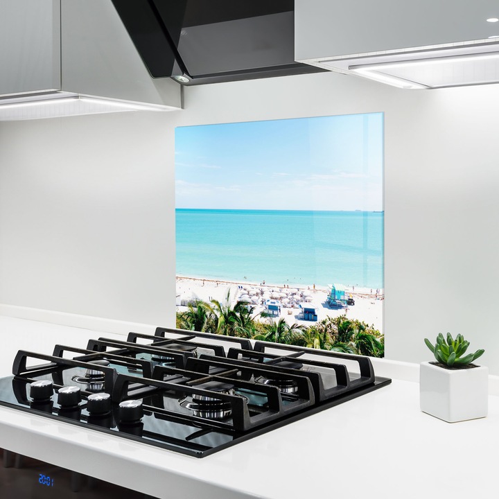 ARTHUB, Konyhai üveg hátfal 100x100 cm, 5 mm edzett, Védő gáz­tűzhely, Fröccsenésgátló, Hőálló, tájképek, strandok, Blue Clear Water