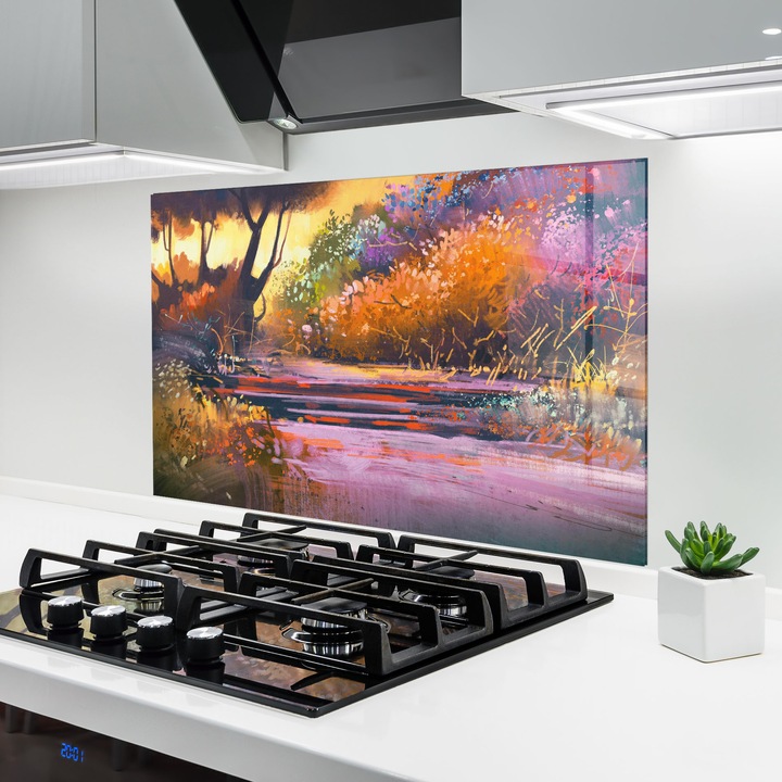 ARTHUB, Konyhai üveg hátfal 70x100 cm, 4 mm edzett, Védő gáz­tűzhely, Fröccsenésgátló, Hőálló, tájképek, tavasz, Landscape Colorful Trees