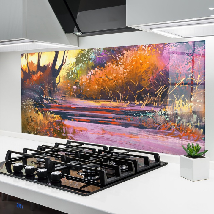 ARTHUB, Konyhai üveg hátfal 60x150 cm, 4 mm edzett, Védő gáz­tűzhely, Fröccsenésgátló, Hőálló, tájképek, tavasz, Landscape Colorful Trees