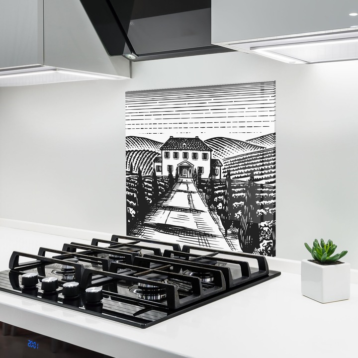 ARTHUB, Konyhai üveg hátfal 60x60 cm, 4 mm edzett, Védő gáz­tűzhely, Fröccsenésgátló, Hőálló, tájképek, vidéki, Black Rural School