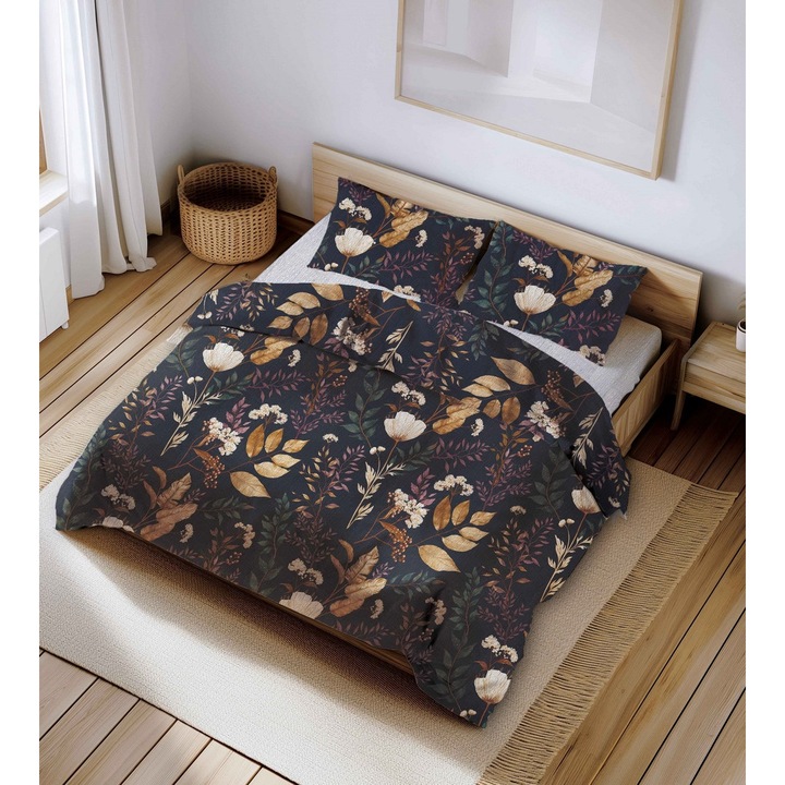 Lenjerie de pat, Fan, set 220x200cm, granat cu model floral, 100% bumbac