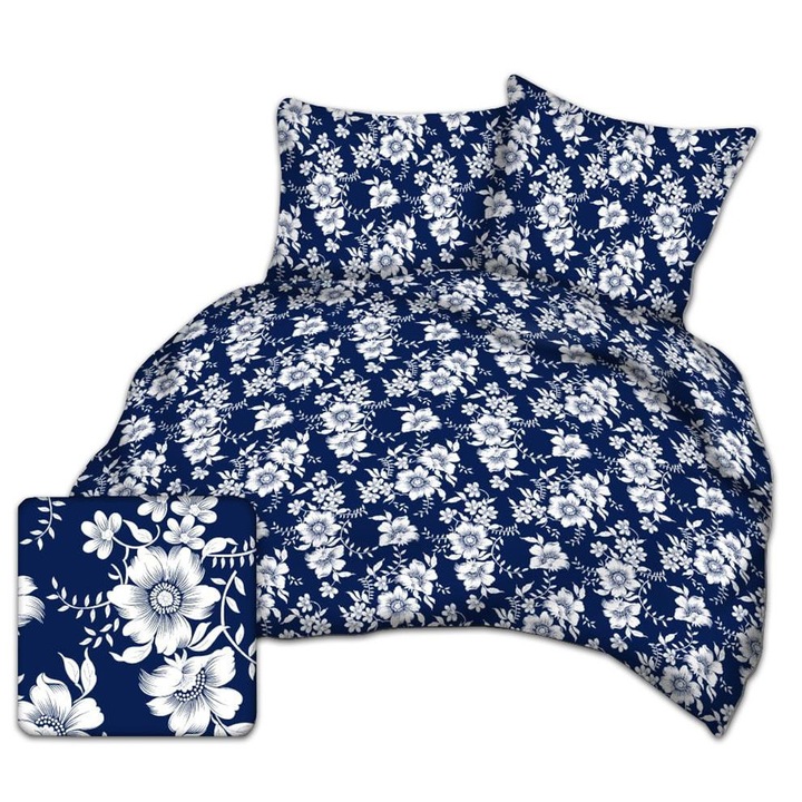 Lenjerie de pat I 160x200 flori albe pe fundal albastru marin