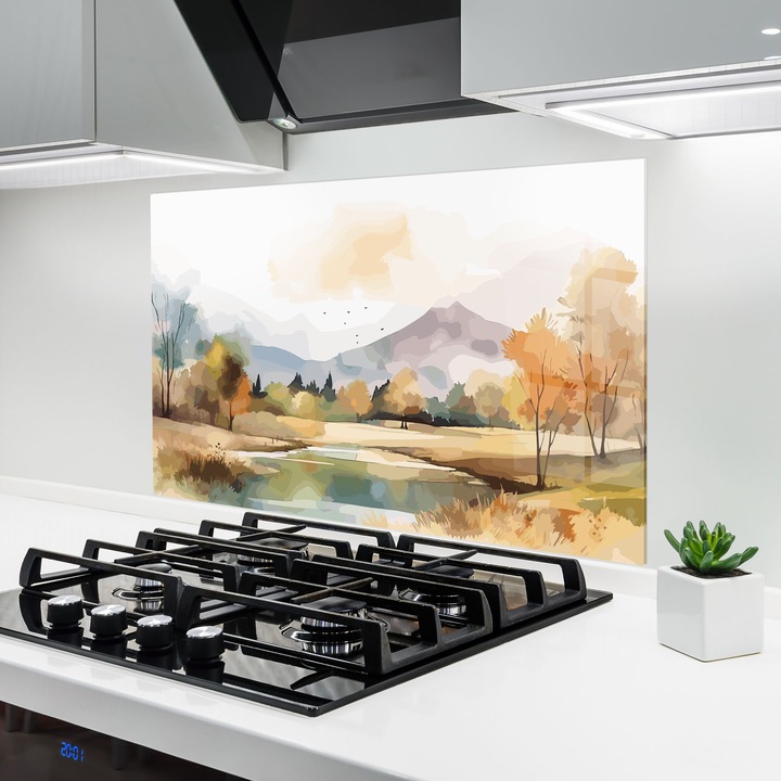 ARTHUB, Konyhai üveg hátfal 70x100 cm, 4 mm edzett, Védő gáz­tűzhely, Fröccsenésgátló, Hőálló, tájképek, vidéki, Rural Lake View