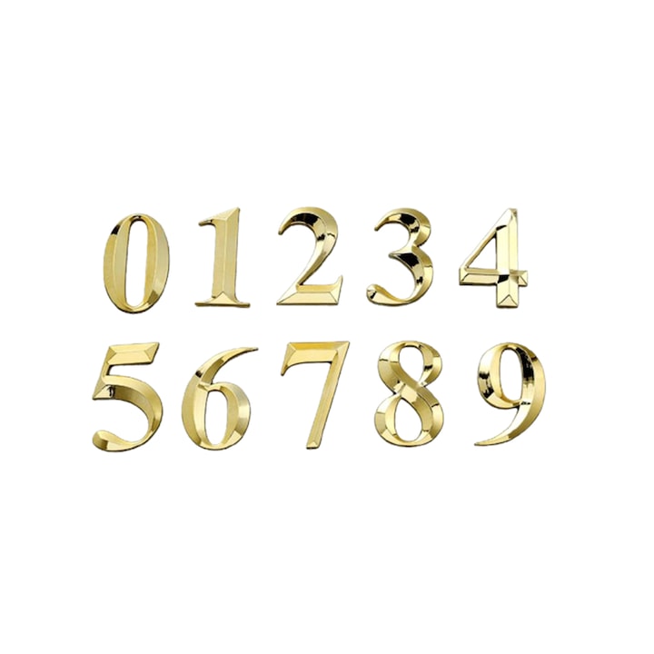 Cifre Relief 3D pentru Usi Set 0-9 - ABS plastic Metalizat, 7cm Numar Usa, Apartament, Hotel, Birou, Auriu