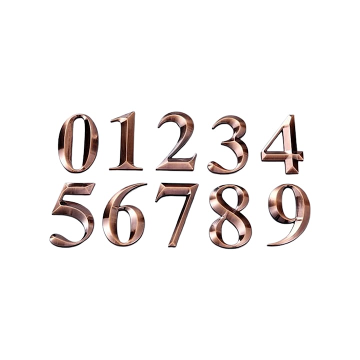 3D dombornyomott számok ajtókhoz, 0-9 készlet - ABS műanyag, 7 cm - Ajtószámhoz, lakáshoz, szállodához, irodához, Antik bronz