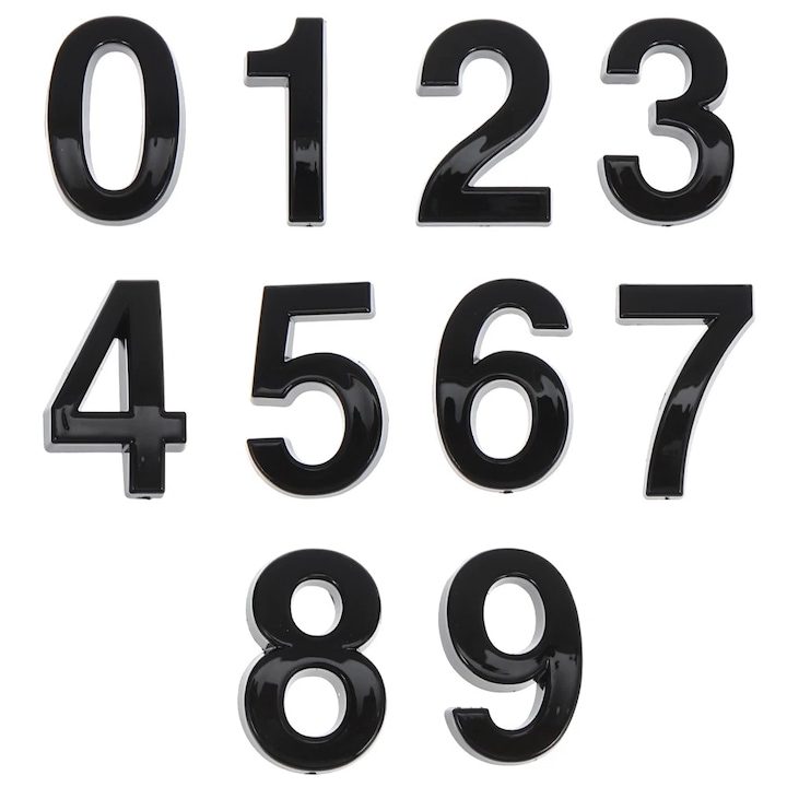 Cifre dombornyomott 3D ajtószámok készlet 0-9 - ABS műanyag, 5 cm - Ajtószám, Lakás, Iroda, Orvosi rendelő, Matt fekete