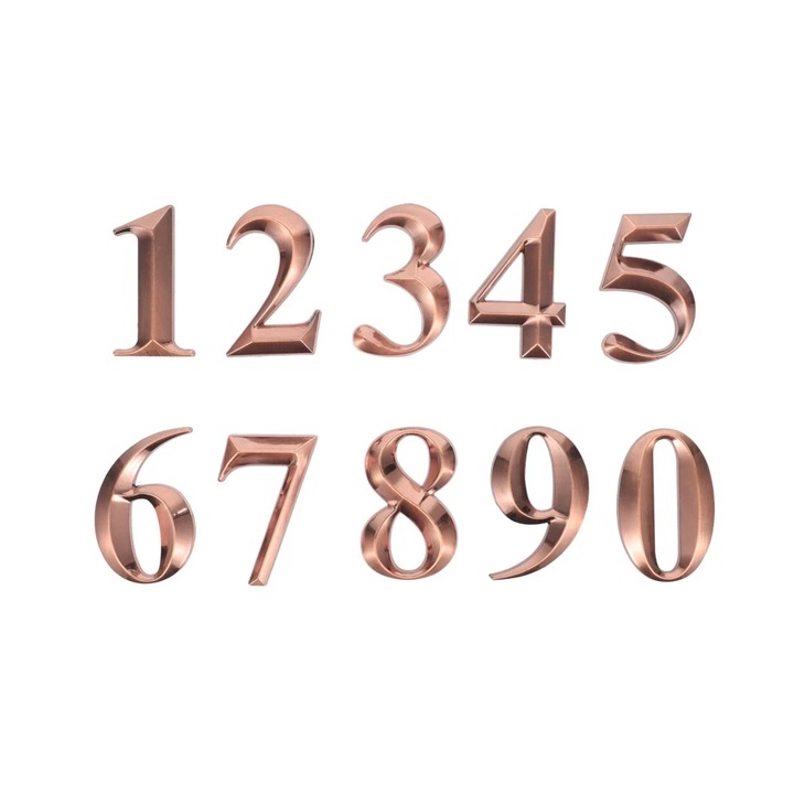 Házszám 0-9 ABS műanyagból, 3D, egyszerű modell, 5 cm magas, ajtószámokhoz, postaládákhoz, apartmanokhoz, szállodákhoz, irodákhoz, szobákhoz, udvarokhoz, kávézókhoz, réz