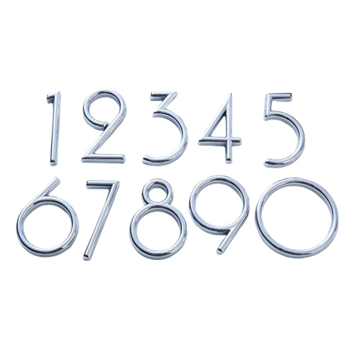 Házszám 0-9, ABS műanyag, vonalas modell, minimalista design, magasság 6cm, ajtószámokhoz, postaládákhoz, apartmanokhoz, szállodákhoz, irodákhoz, szobákhoz, udvarokhoz, kávézókhoz, fényes ezüstfehér