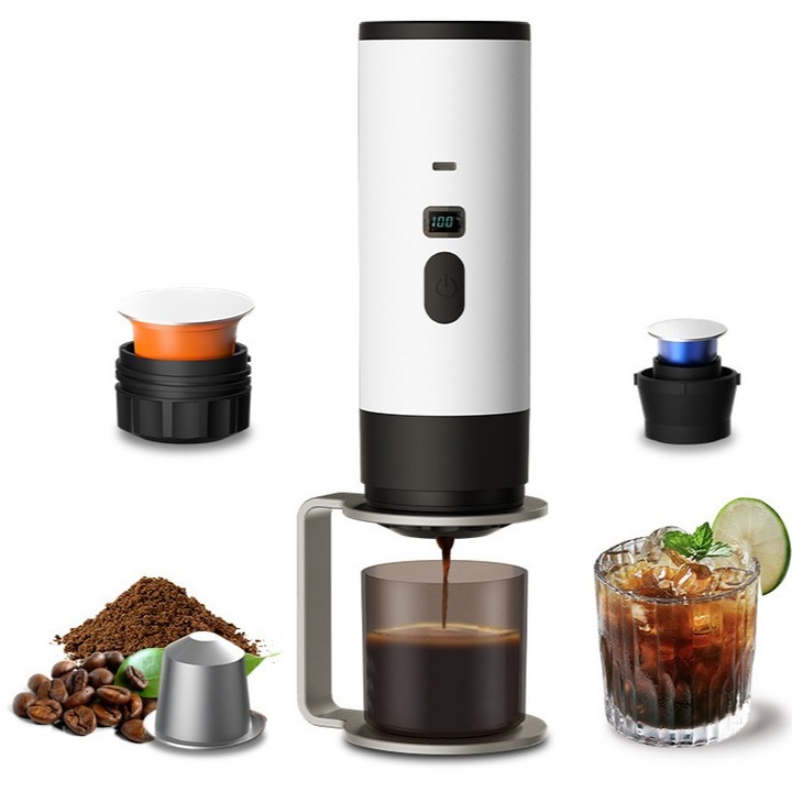 Espressor portabil 2 in 1, Alb, cu afisaj digital, set complet pentru capsule si cafea macinata
