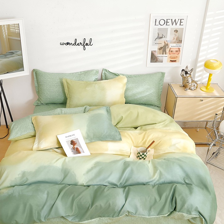 EmonaMall S18345 ágynemű, kétoldalas, 4 párnahuzat, 6 részes, zöld/sárga