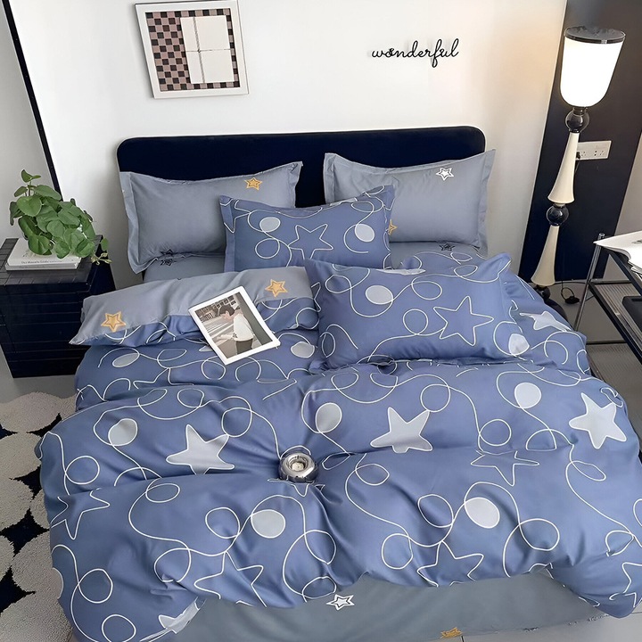 EmonaMall S18349 ágynemű, kétoldalas, 4 párnahuzat, 6 részes, kék/szürke