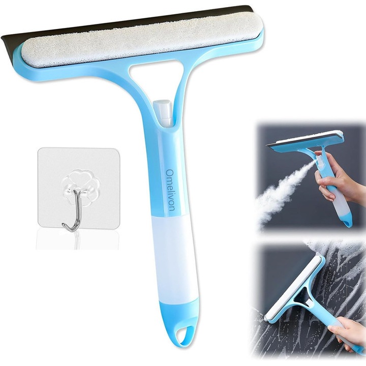 Стъклочистачка 3 в 1, Съдържа спрей пулверизатор, Силиконова стъклочистачка и гъба, с 1 прозрачна залепваща кука, Omelivon ®, Многофункционална, За дома, предно стъкло и прозорци на кола, син
