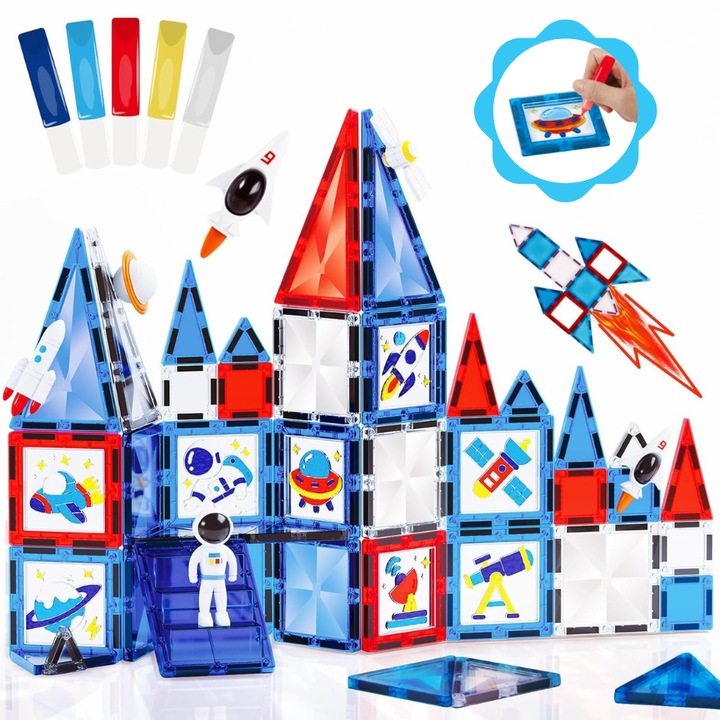 Építőkészlet gyerekeknek, Nuvora mágneses űrhajóskészlet, oktató és kreatív, ideális a STEM, a motoros és a képzeletbeli készségek fejlesztéséhez