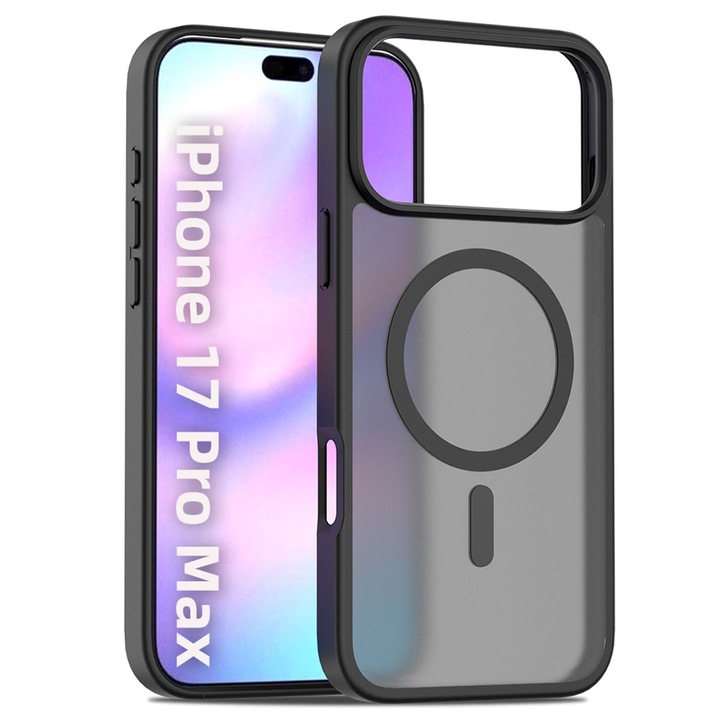 Husa pentru iPhone 17 Pro Max / iPhone 18 Pro Max, Magnetic MagSafe, Incarcare Wireless, Anti-Soc, Margini Ridicate pentru Ecran si Camera, PC+TPU, Negru Mat Transparent
