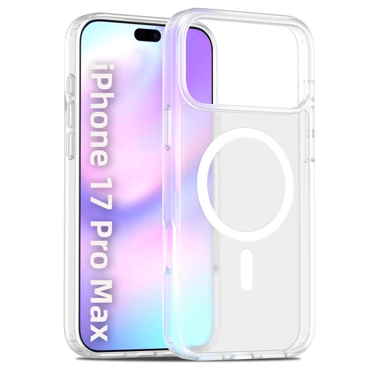 Husa pentru iPhone 17 Pro Max / iPhone 18 Pro Max, Magnetic MagSafe, Incarcare Wireless, Anti-Soc, Margini Ridicate pentru Ecran si Camera, PC+TPU, Alb Mat Transparent
