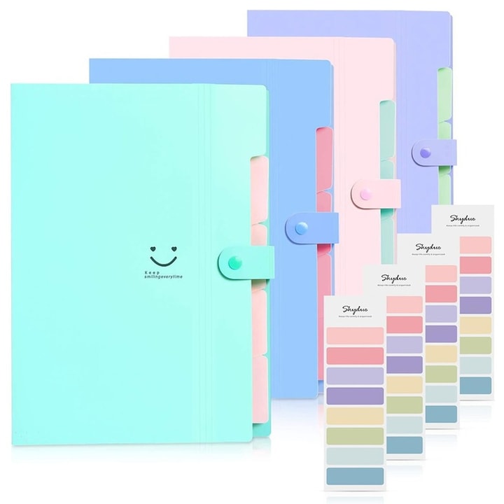 4 részes iratgyűjtő készlet, Axroad Mall, hordozható dokumentumrendező, csíptetős kialakítás, 5 zsebbel és 32 címkével, irodai dokumentumok tárolására, műanyag, 32.5*24.5cm, többszínű