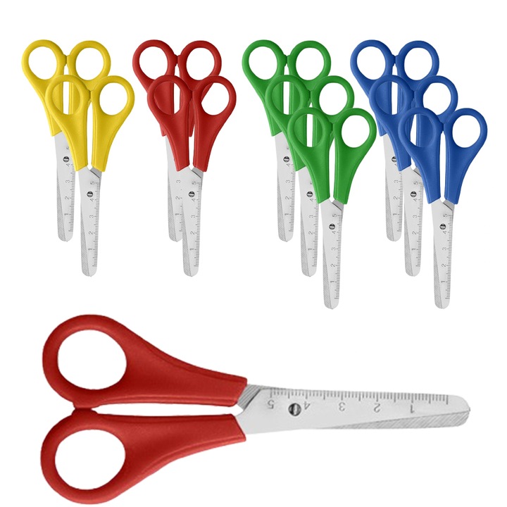 10 darabos diákolló készlet, többszínű, beépített vonalzóval, lekerekített hegyekkel, 1.0mm penge vastagság