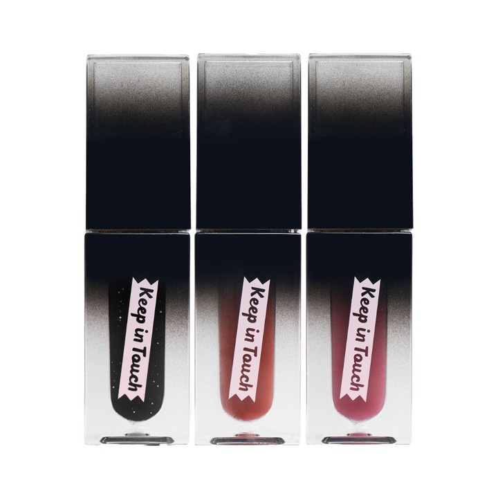 Luciu de buze Keep In Touch The Black Lip Plumper, pachet colecție ciocolată neagră, 3 culori x 3,8 g (#Sweet Romance, #Melo Drama, #Royal Midnight)