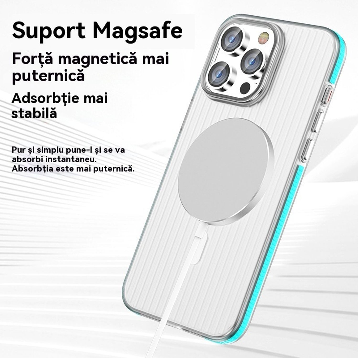 Husa telefon pentru Apple iPhone 17 Pro, Magnetic MagSafe, Slim, ultra-light, Antiderapant ondulat, Coaja dura mata, Alb transparent/Portocaliu