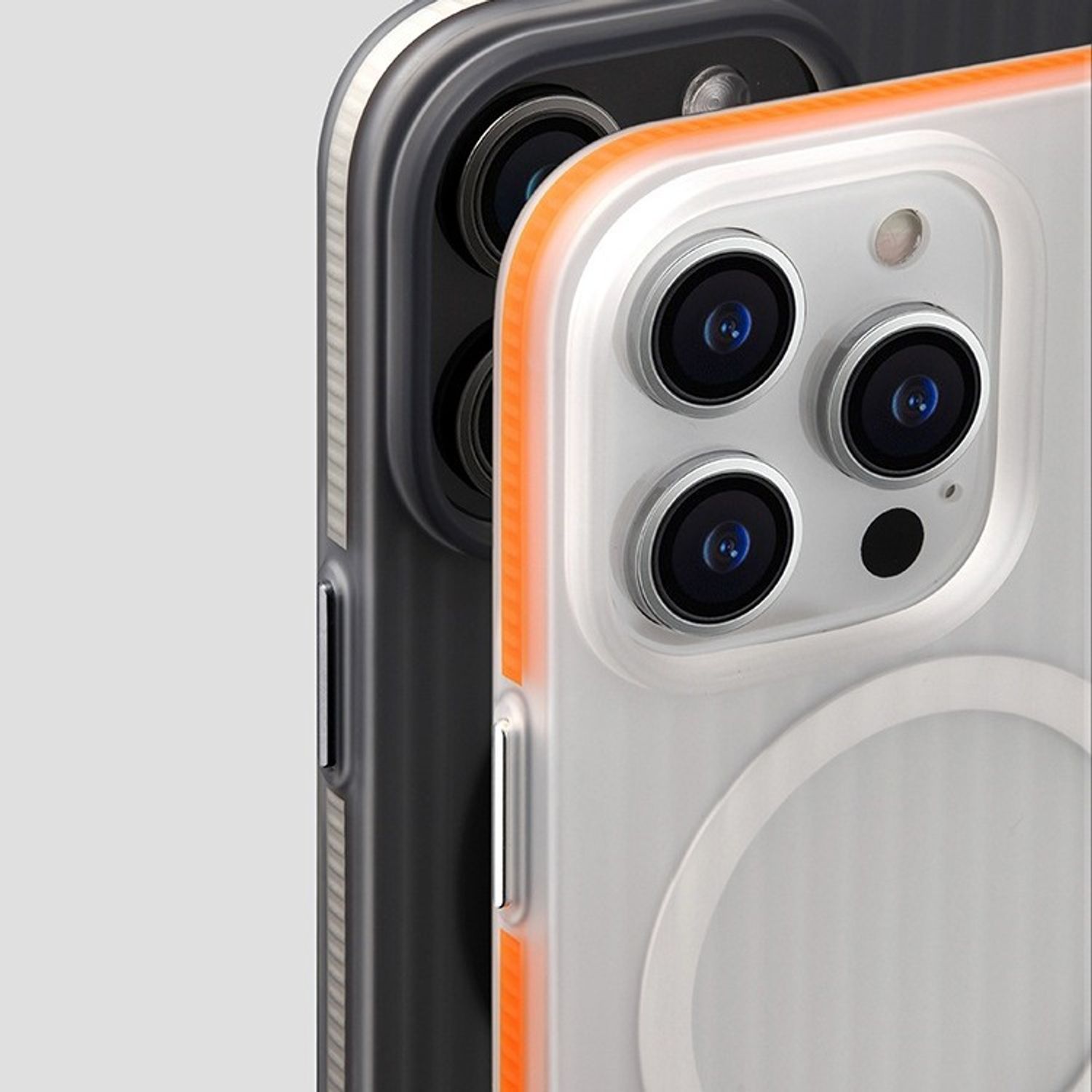 Husa telefon pentru Apple iPhone 17 Pro, Magnetic MagSafe, Slim, ultra-light, Antiderapant ondulat, Coaja dura mata, Alb transparent/Portocaliu