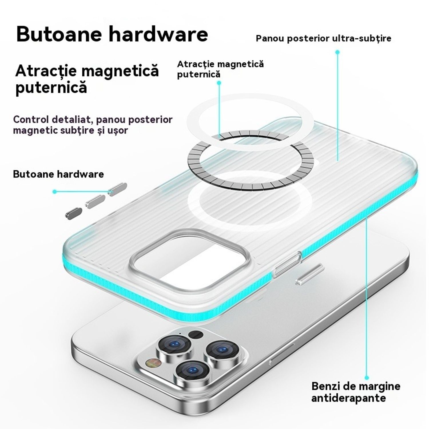 Husa telefon pentru Apple iPhone 17 Pro, Magnetic MagSafe, Slim, ultra-light, Antiderapant ondulat, Coaja dura mata, Alb transparent/Portocaliu
