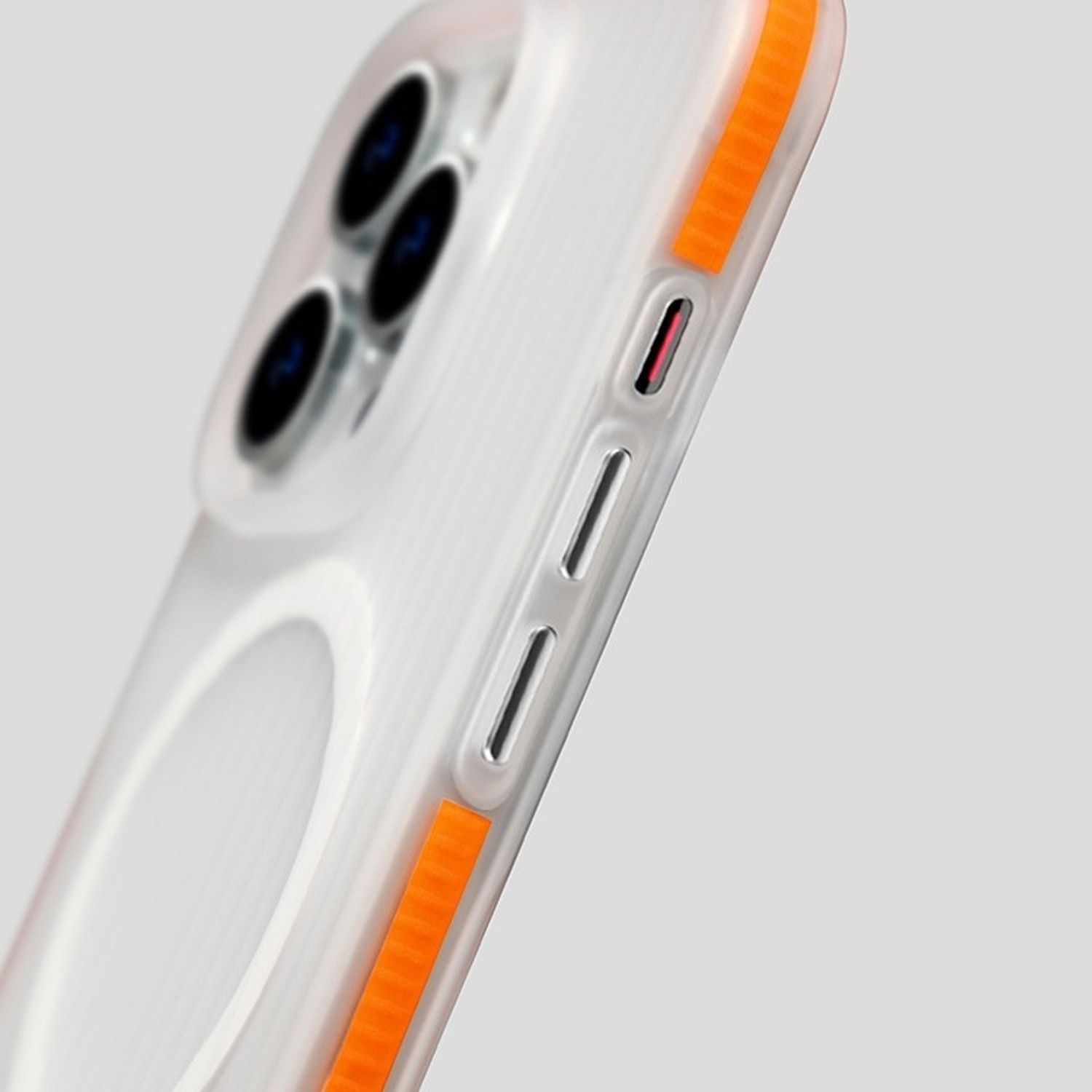 Husa telefon pentru Apple iPhone 17 Pro, Magnetic MagSafe, Slim, ultra-light, Antiderapant ondulat, Coaja dura mata, Alb transparent/Portocaliu