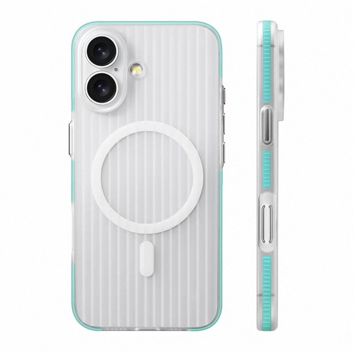 Husa telefon pentru Apple iPhone 17, Magnetic MagSafe, Slim, ultra-light, Antiderapant ondulat, Coaja dura mata, Alb transparent/Albastru