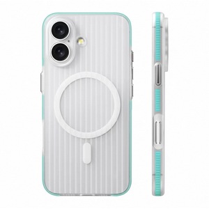 Husa telefon pentru Apple iPhone 17, Magnetic MagSafe, Slim, ultra-light, Antiderapant ondulat, Coaja dura mata, Alb transparent/Albastru